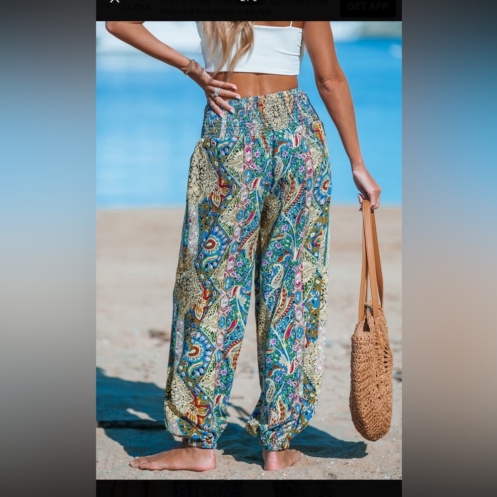 Cupshe Paisley Smocked Waist Tapered Leg Cover-Up Pants - Picture 2 of 10